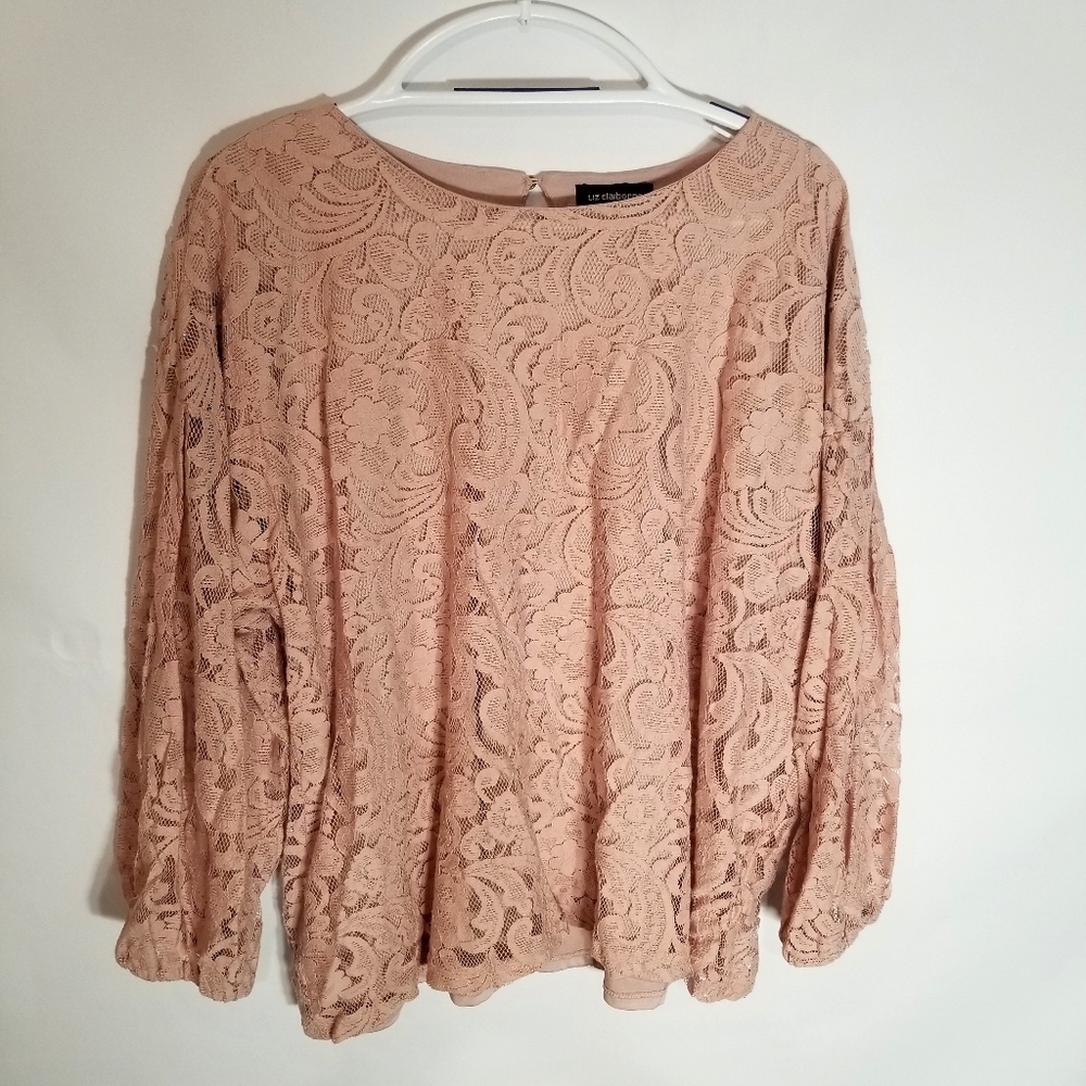 Liz Claiborne Top Women's XXL Pink Floral Lace Over Lining Sheer Long Sleeves